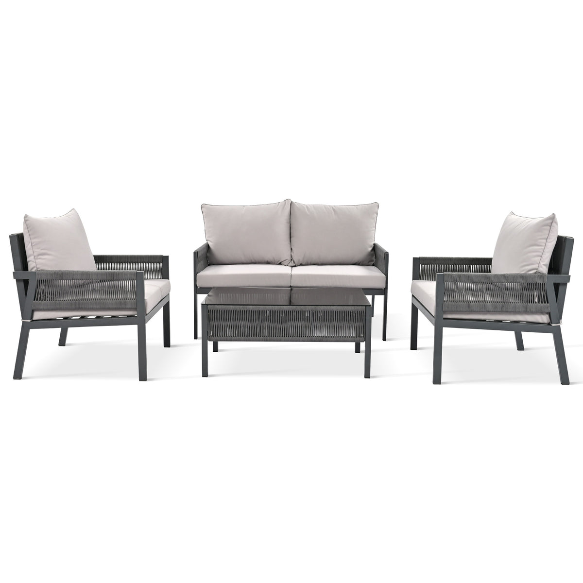 K&K 4-Piece Rope Patio Furniture Set, Outdoor Furniture with Tempered Glass Table, Patio Conversation Set Deep Seating with Thick Cushion for Backyard Porch Balcony (Grey) SK000003AAG-djyc