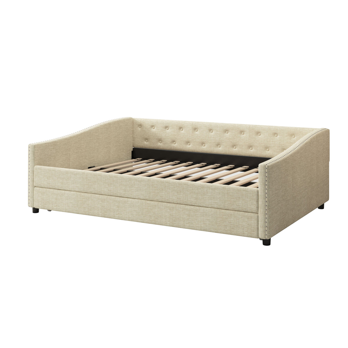 Full Size Daybed with Twin Size Trundle Upholstered Tufted Sofa Bed, with Button on Back and Copper Nail on Waved Shape Arms-Beige W2336S00011-djyc