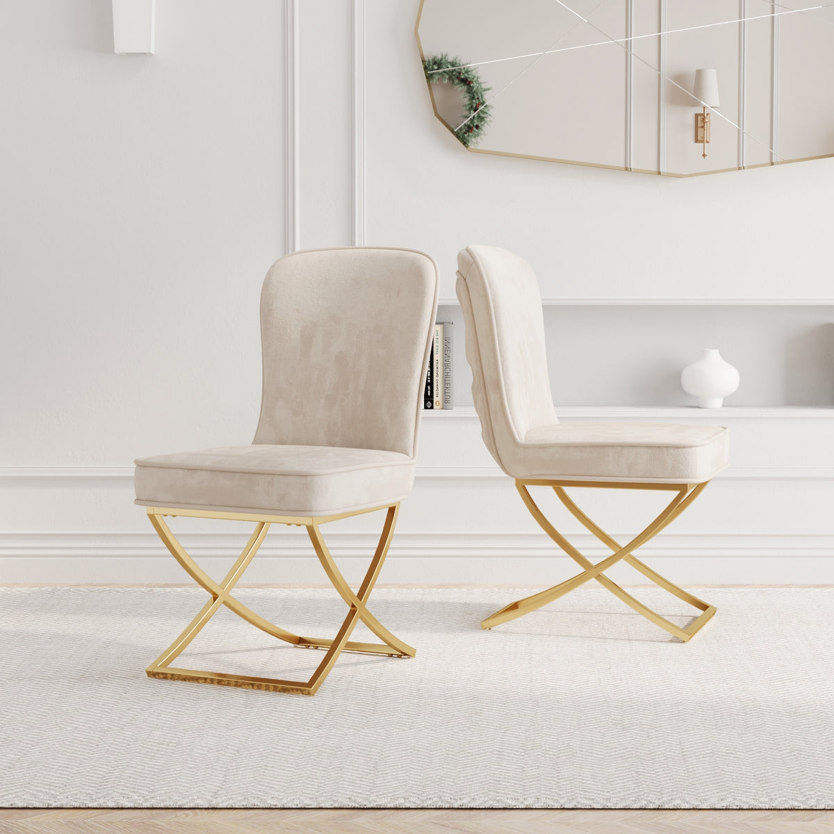 Dining Chair Set of 2, Beige velvet Backrest and golden Metal legs.For Modern Kitchen Dining Room Chair for Kitchen Living Modern decorative Leisure chairs.Office chairs y-2009 W1727P195278-djyc