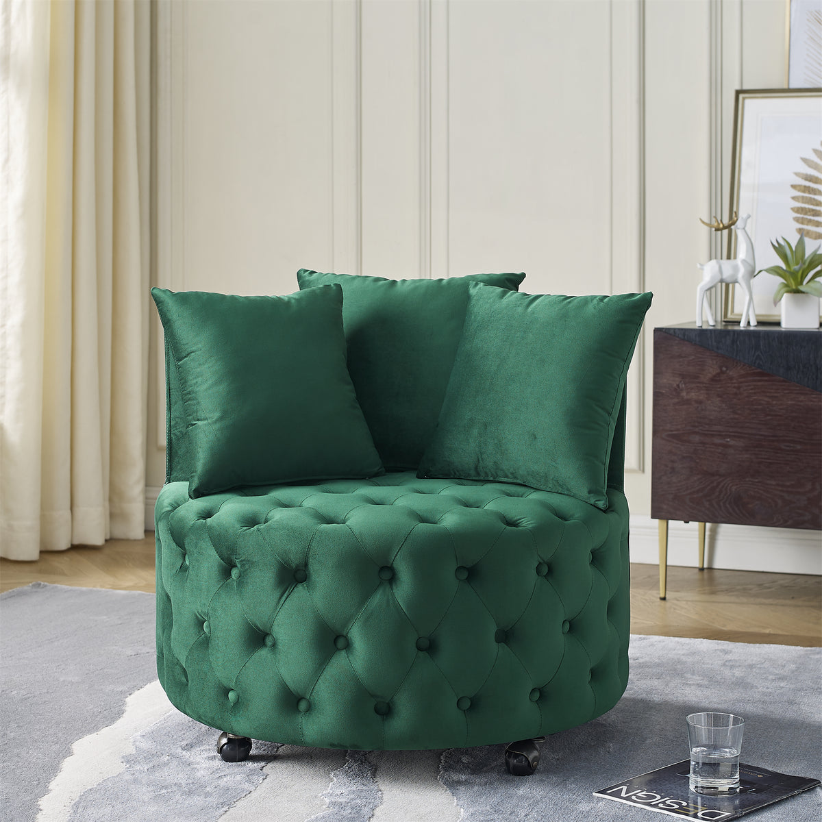 Velvet Upholstered Swivel Chair for Living Room, with Button Tufted Design and Movable Wheels, Including 3 Pillows, Green W48790919-djyc