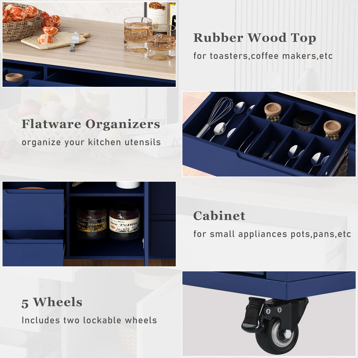 K&K Store Kitchen Cart with Rubber Wood Countertop , Kitchen Island has 8 Handle-Free Drawers Including a Flatware Organizer and 5 Wheels for Kitchen Dinning Room, Dark Blue SK000002AAG-djyc