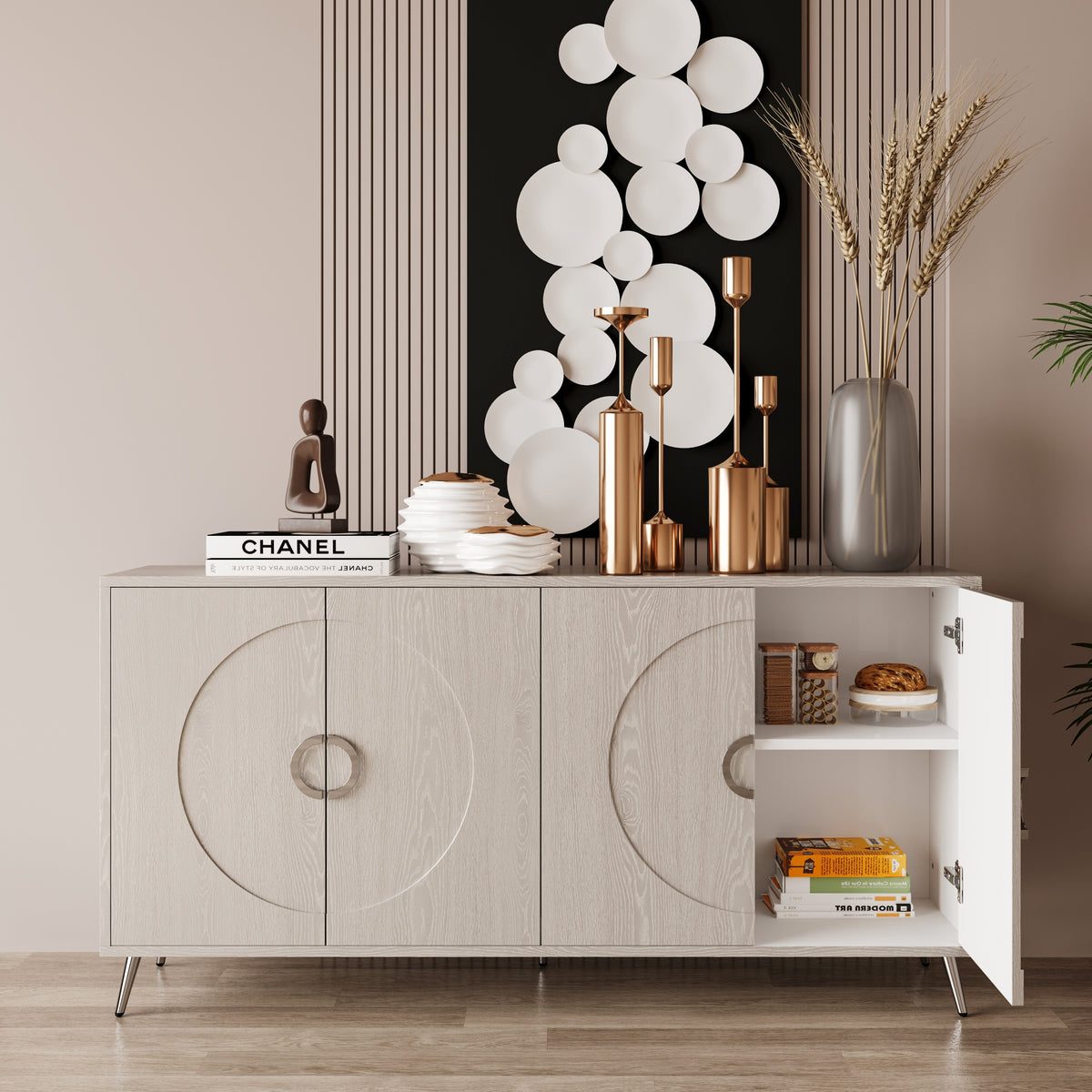 Modern Lacquered 4 Door Wooden Cabinet Sideboard Buffet Server Cabinet Storage Cabinet, for Living Room, Entryway, Hallway, Office, Kitchen and Dining Room, Champagne Silver W1435P191609-djyc