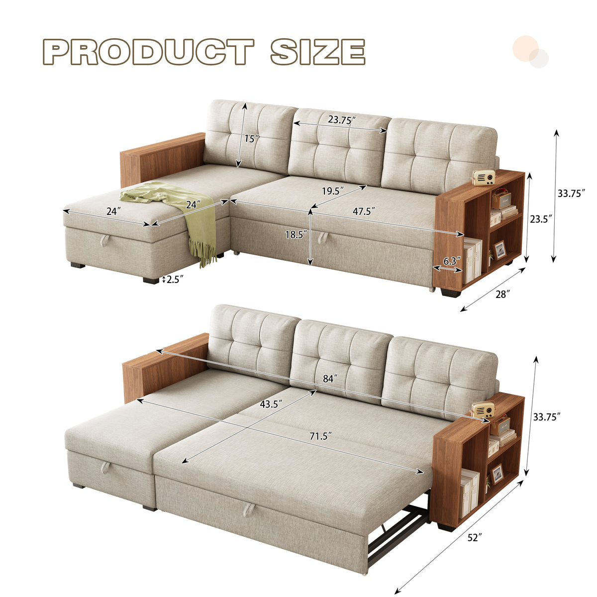 Upholstered Pull Out Sectional Sofa with Storage Chaise, Convertible Corner Couch, Beige-Wooden handrail W2336S00017-djyc