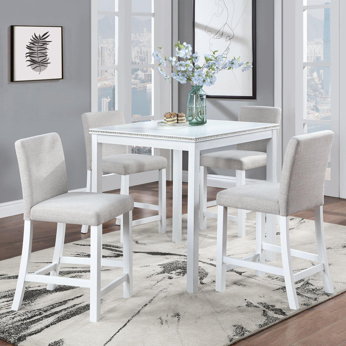 5 Piece Counter Height Table Set, Wooden Kitchen Table Set with Square Table and 4 Upholstered Chairs, Counter Height Dining Table with Crystal Decoration and Chair Set for Kitchen, Dining Room,White W1998S00040-djyc