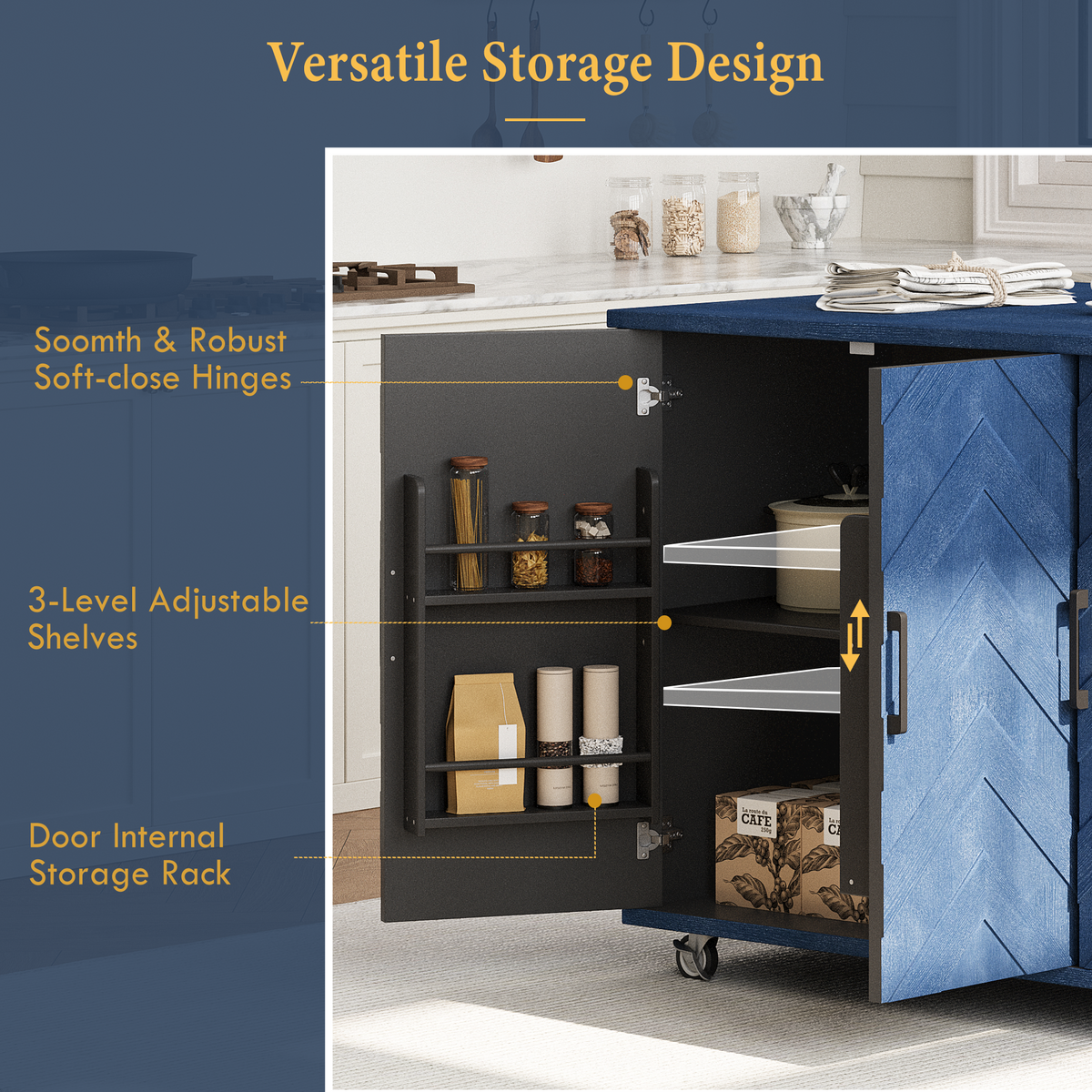 K&K 51.2"W 3D Wave Stripes Ash Veneer(Not Cheap Paper) Kitchen Island with Drop Leaf, Farmhouse Kitchen Island on Wheels with Internal Storage Rack, Rolling Kitchen Cart (Navy Blue) N707P207915E-djyc