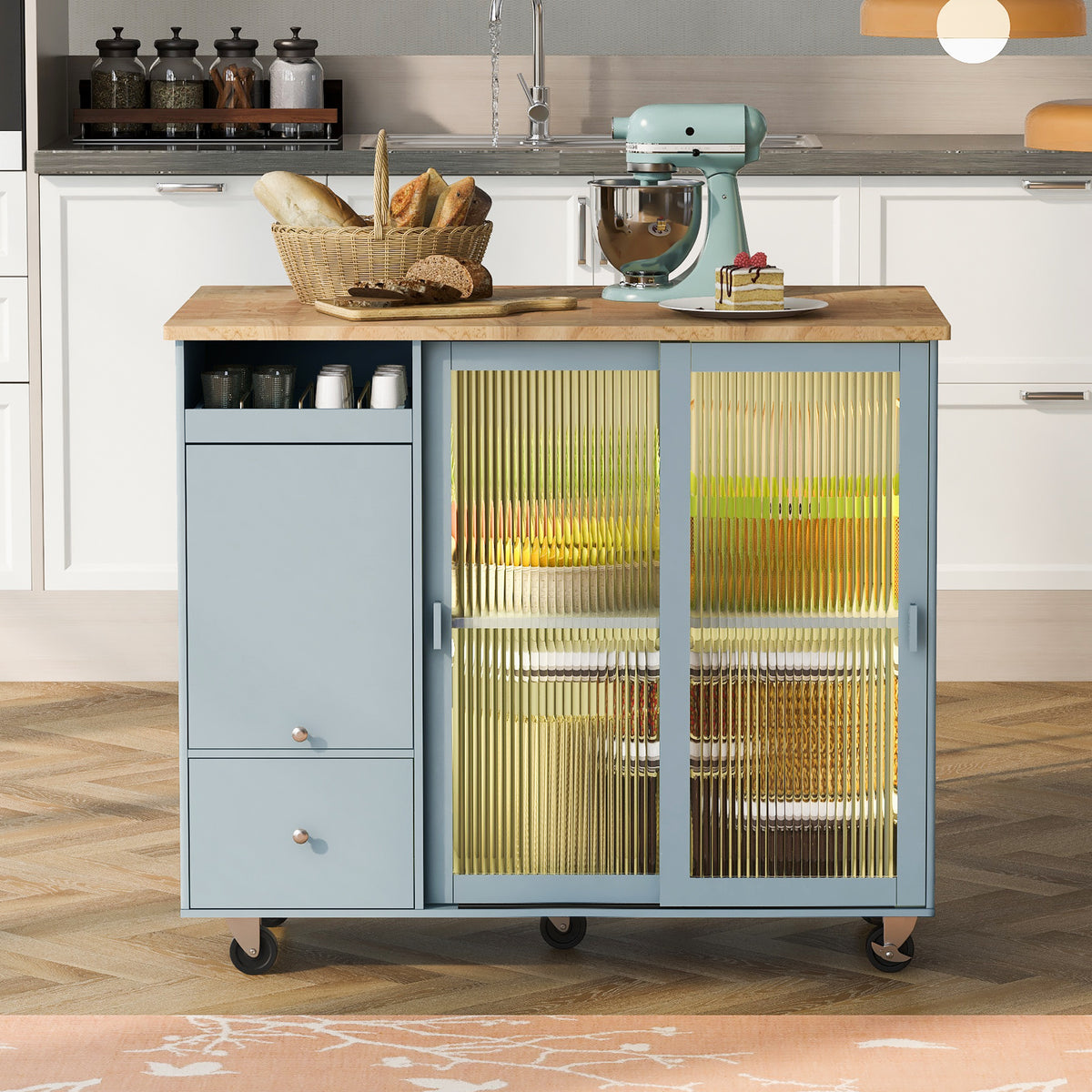 Kitchen Island with Drop Leaf, LED Light Kitchen Cart on Wheels with 2 Fluted Glass Doors and 1 Flip Cabinet Door, Large Kitchen Island Cart with an Adjustable Shelf and 2 Drawers (Grey Blue) WF311171AAG-djyc