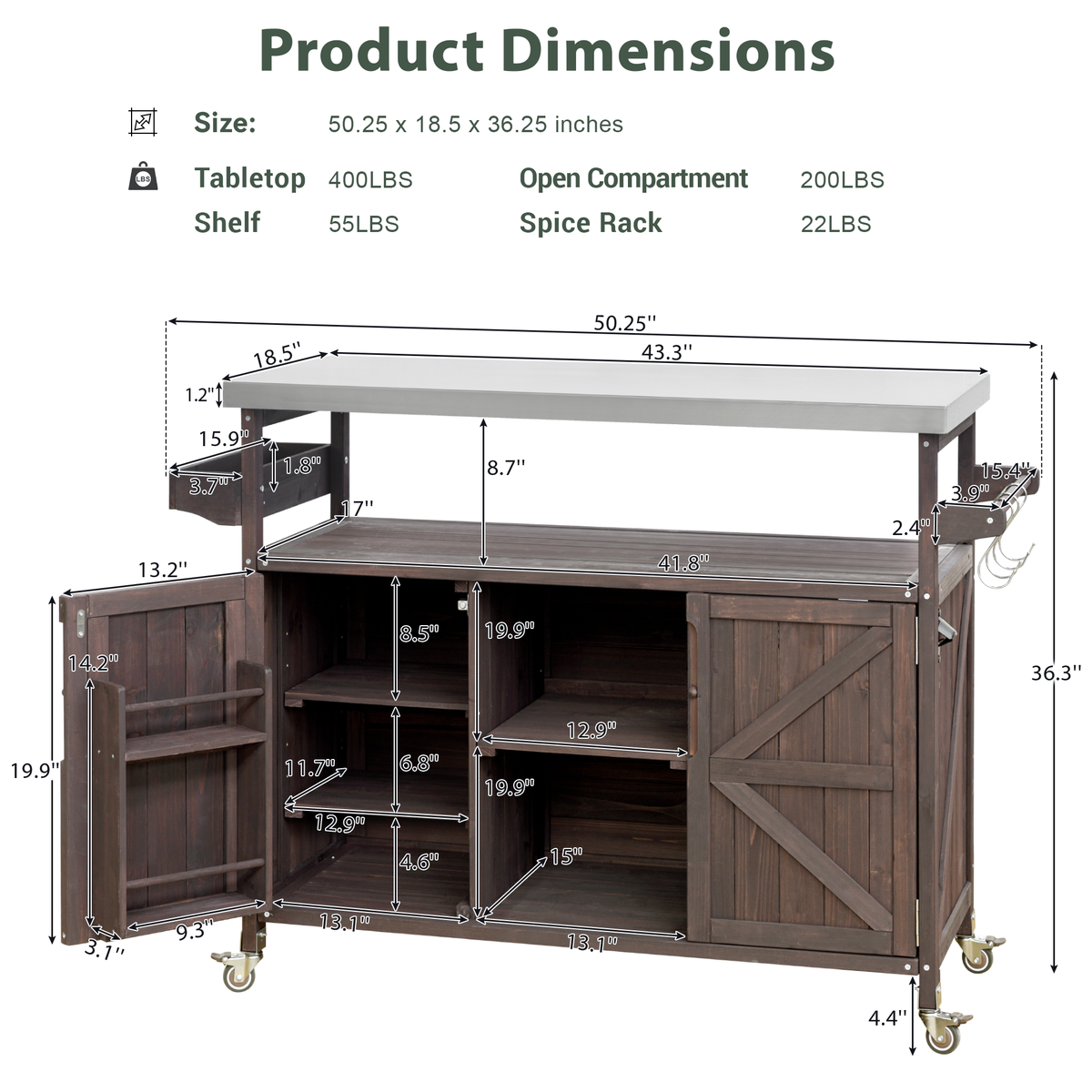 K&K Outdoor Kitchen Island, Rolling Bar Cart & Storage Cabinet, Farmhouse Solid Wood Outdoor Grill Table with Stainless Steel Top, Spice Rack , Towel Rack for Kitchen & Barbecue , Dark Brown WF532198AAZ-djyc