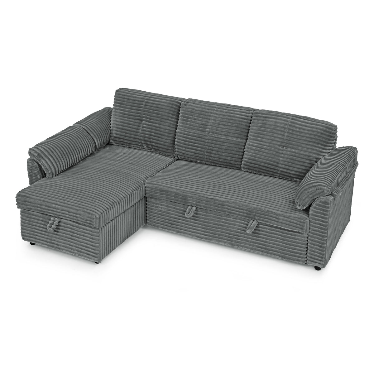 Corduroy Tufted Upholstered Sleeper Sectional Sofa, L-Shaped Modular Convertible Sofa with Storage Chaise, Pull Out Sleep Couch Bed and Reclining Backrest Perfect for Living Space,Grey W487S00225-djyc