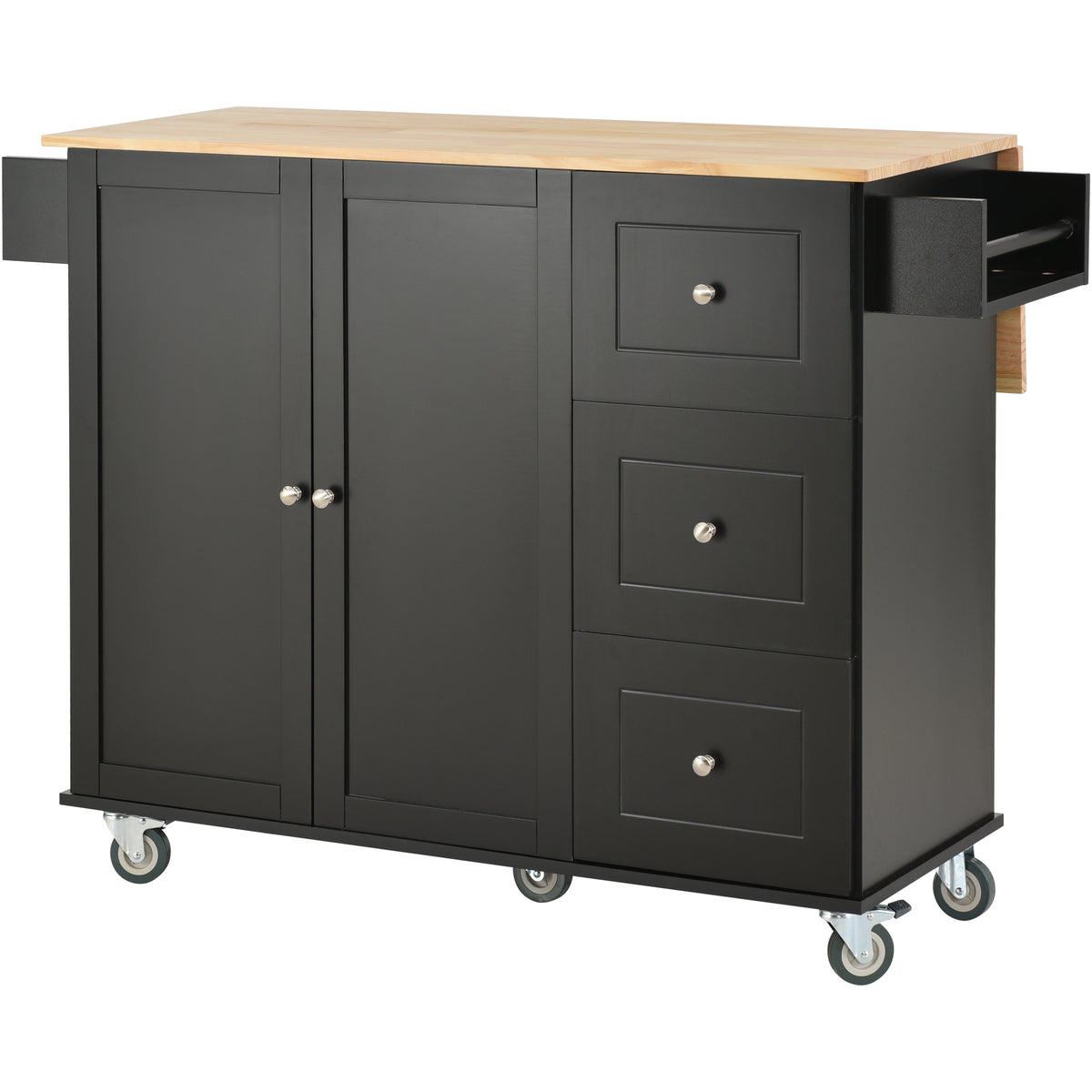 Rolling Mobile Kitchen Island with Solid Wood Top and Locking Wheels,52.7 Inch Width,Storage Cabinet and Drop Leaf Breakfast Bar,Spice Rack, Towel Rack & Drawer (Black) WF287035AAB-djyc