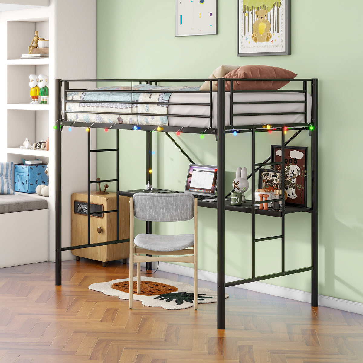 Twin Metal Loft Bed with Desk, Power Outlet and LED Lighted , Safety Guard & Ladder, No Box Spring Needed, Black W840P192240-djyc