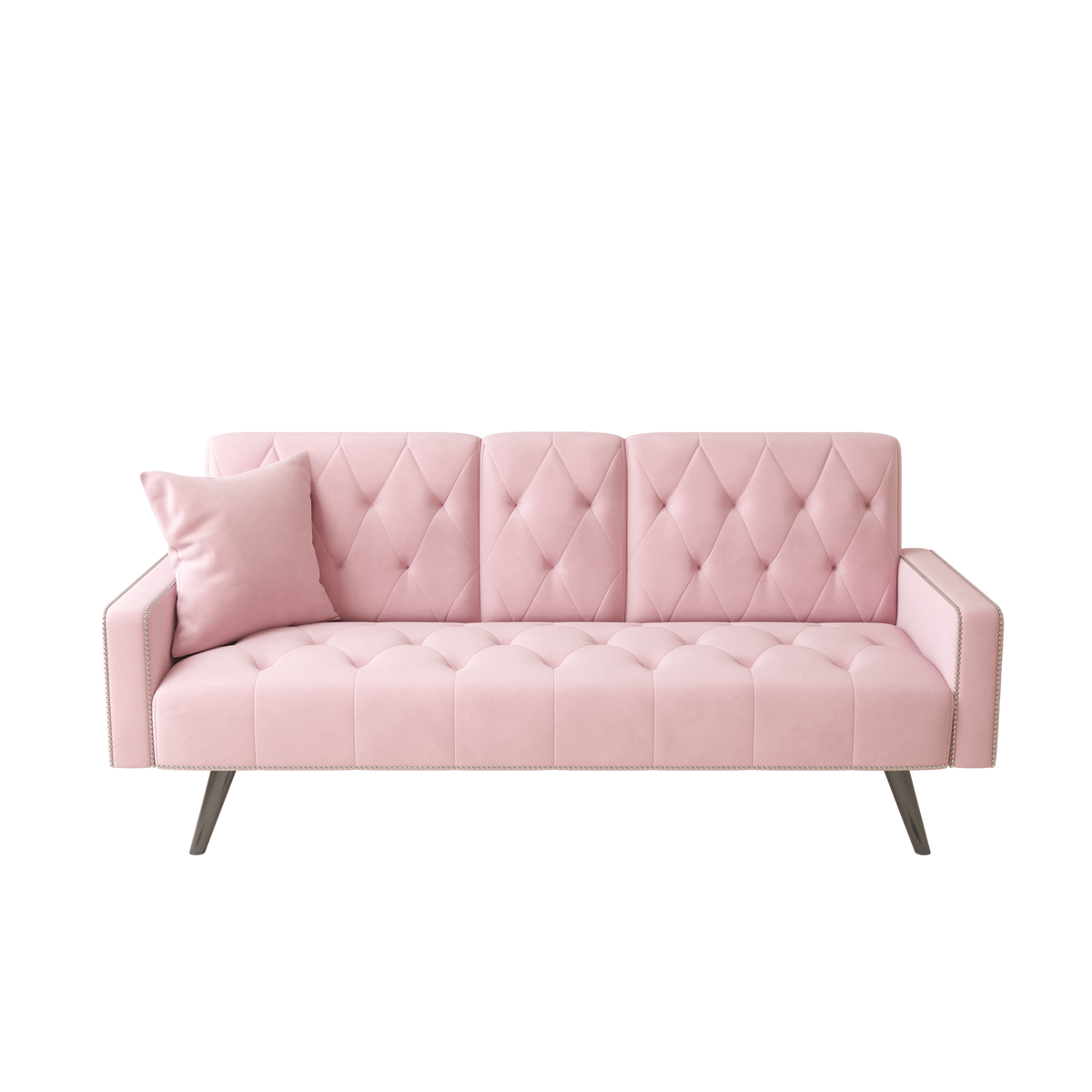 1730 Sofa Bed Armrest with Nail Head Trim with Two Cup Holders 72" Pink Velvet Sofa for Small Spaces W127850868-djyc