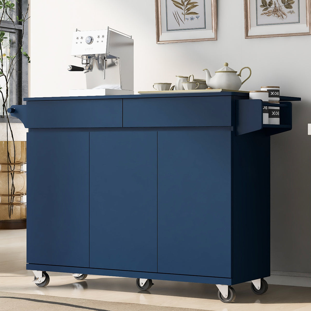 K&K 53.2''Kitchen Island with Drop Leaf, Kitchen Storage Cart with Spice Rack, Towel Rack and 2 Drawers, Rolling Kitchen Island on Wheels with Adjustable Shelves for Kitchen, Dining Room, Navy Blue N707P173041G-djyc