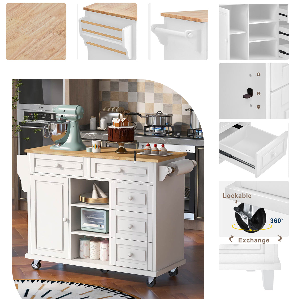 Kitchen cart with Rubber wood desktop rolling mobile kitchen island with storage and 5 draws 53 Inchlength(White) WF297003AAW-djyc