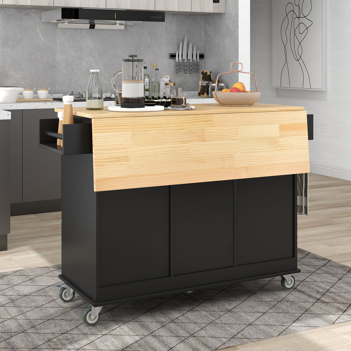 Rolling Mobile Kitchen Island with Solid Wood Top and Locking Wheels,52.7 Inch Width,Storage Cabinet and Drop Leaf Breakfast Bar,Spice Rack, Towel Rack & Drawer (Black) WF287035AAB-djyc