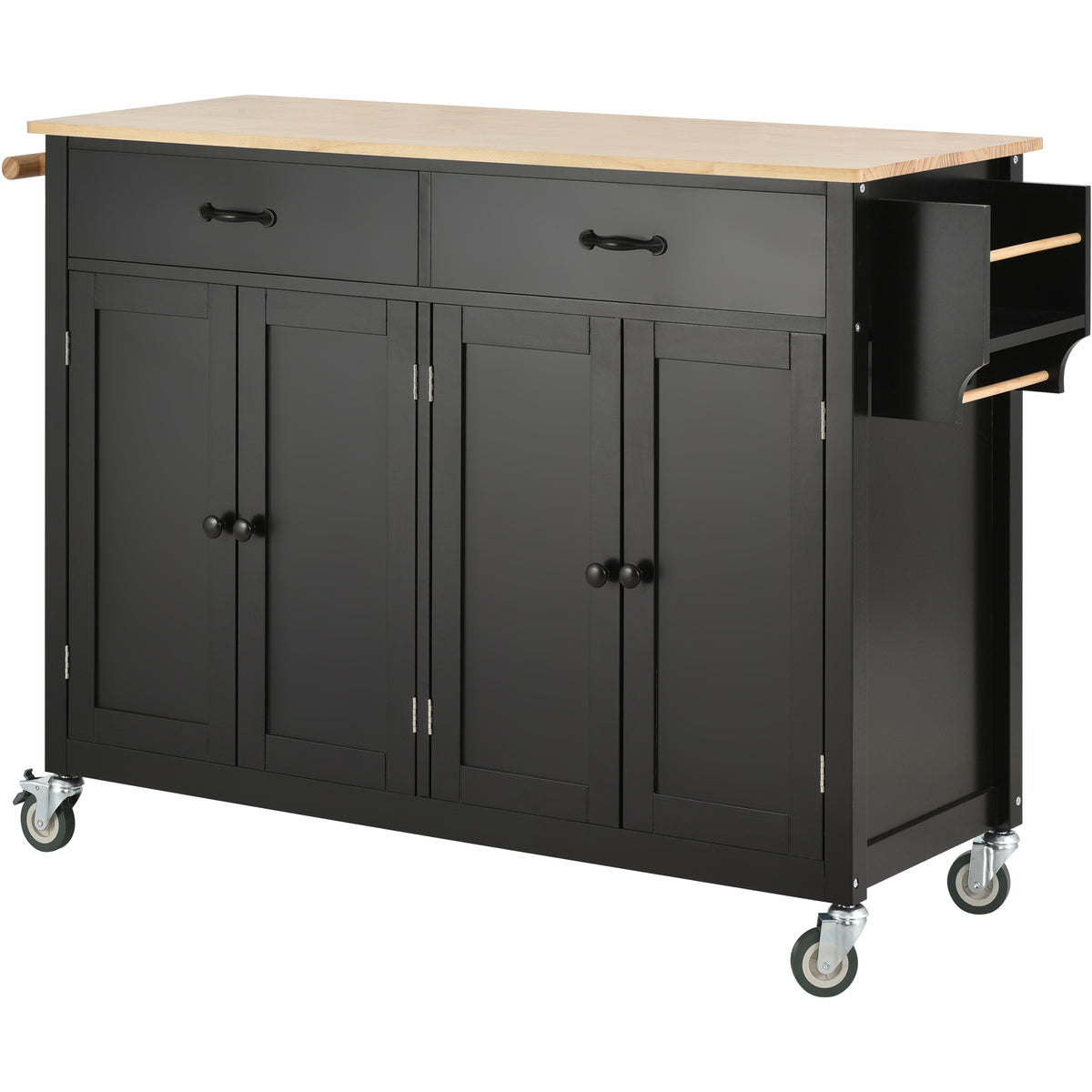 Kitchen Island Cart with Solid Wood Top and Locking Wheels,54.3 Inch Width,4 Door Cabinet and Two Drawers,Spice Rack, Towel Rack (Black) WF286911AAB-djyc