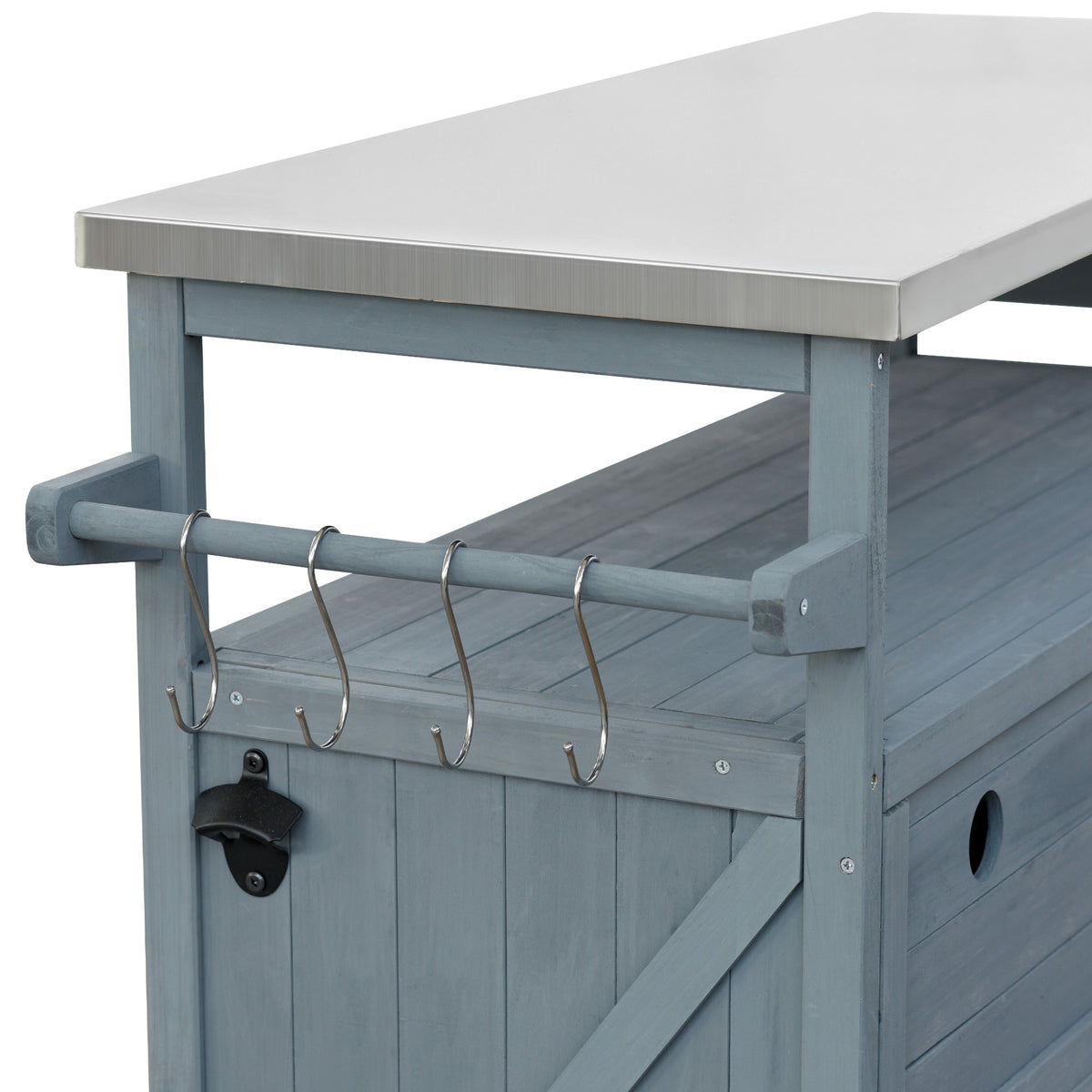 K&K Outdoor Kitchen Island, Rolling Bar Cart & Storage Cabinet, Farmhouse Solid Wood Outdoor Grill Table with Stainless Steel Top, Spice Rack , Towel Rack for Kitchen & BBQ , Grey Blue WF532198AAG-djyc