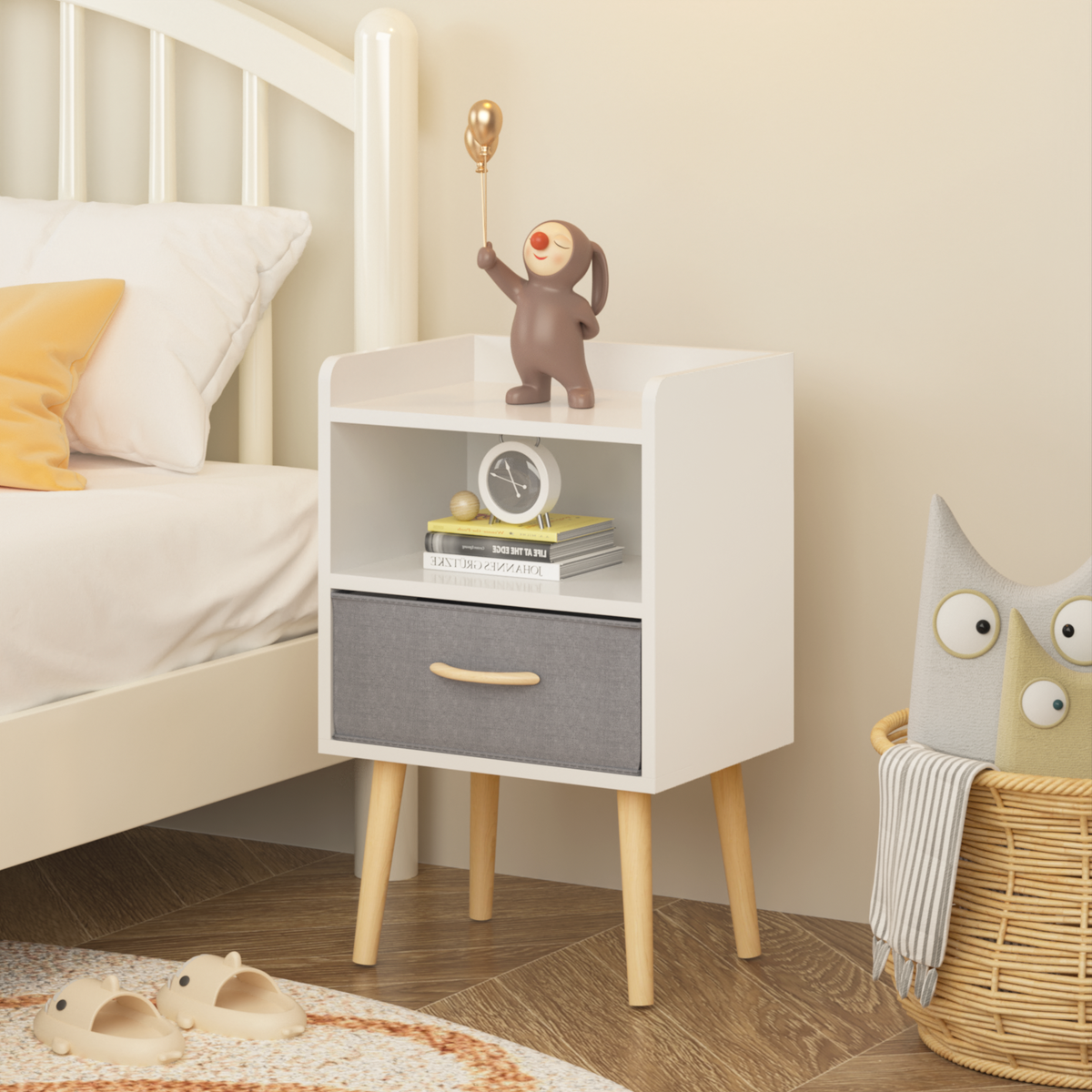 Nightstand With Collapsible Fabric Drawer, 2-Tier Storage End Table, Wood Side Table with Storage Cabinet for Kids, Adults - White W808P147114-djyc