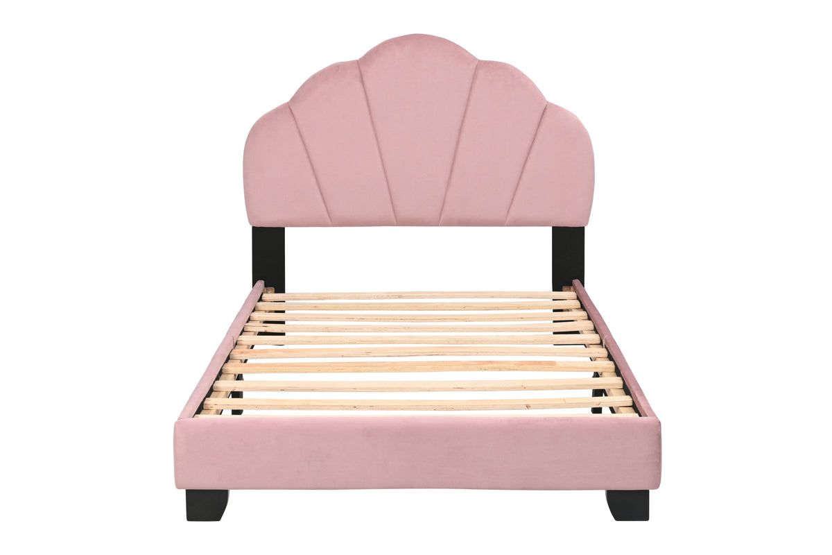 Upholstered Twin Size Platform Bed for Kids, Wooden Bed Frame with Slatted Bed Base, No Box Spring Needed, Cute Bed Frame with Shell Design Headboard for Girls Boys Teens, Pink W1998124486-djyc