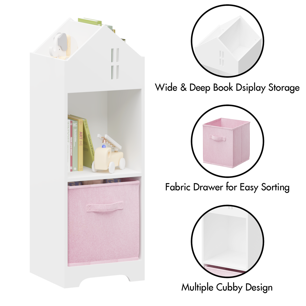 Kids Dollhouse Bookcase with Storage, 2-Tier Storage Display Organizer, Toddler Bookshelf with Collapsible Fabric Drawers for Bedroom or Playroom (White/Pink) W808122618-djyc