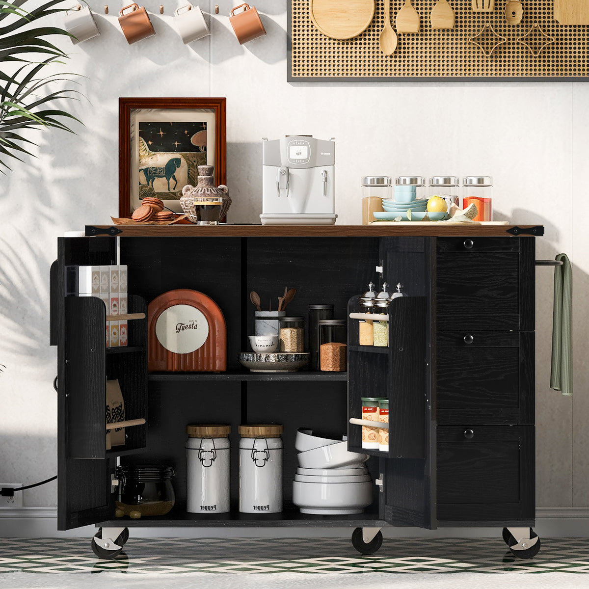 K&K 54.5" Farmhouse Kitchen Island with Power Outlet, Kitchen Storage Islandwith Internal Storage Rack, Drop Leaf, Spice Rack, Rolling Kitchen Cart on Wheels, for Home, Kitchen and Dining Room,Black N707P170349B-djyc