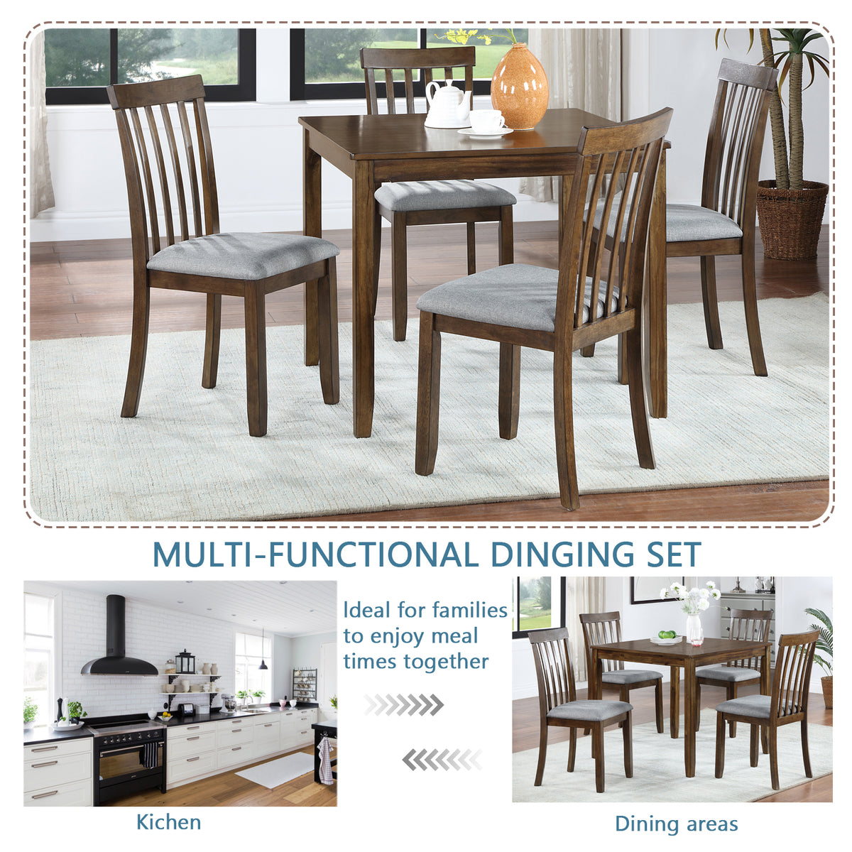 5 Piece Modern Dining Set, Square Wooden Dining Table with 4 Upholstered Chairs for Kitchen, Dining Room, Walnut W1998S00026-djyc