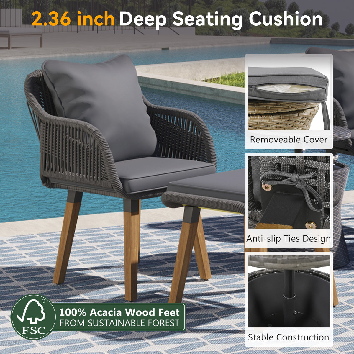 K&K 5 Pieces Patio Furniture Chair Sets, Patio Conversation Set With Wicker Cool Bar Table, Ottomans,Outdoor Furniture Bistro Sets for Porch,Backyard,Balcony,Poolside Grey WF324995AAG-djyc