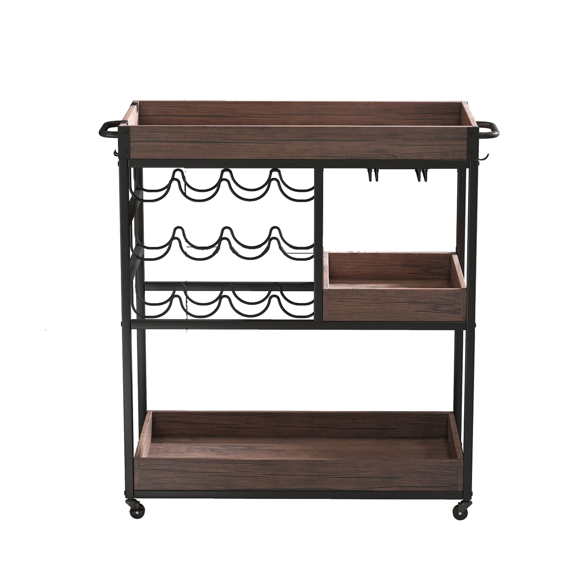 3 Tier Industrial Rolling Serving Cart with Lockable Wheels, Wine Rack Cart with Glass Holder for Indoor and Outdoor, Beverage Trolley cart with 2 Removable Tray, W2557P195401-djyc