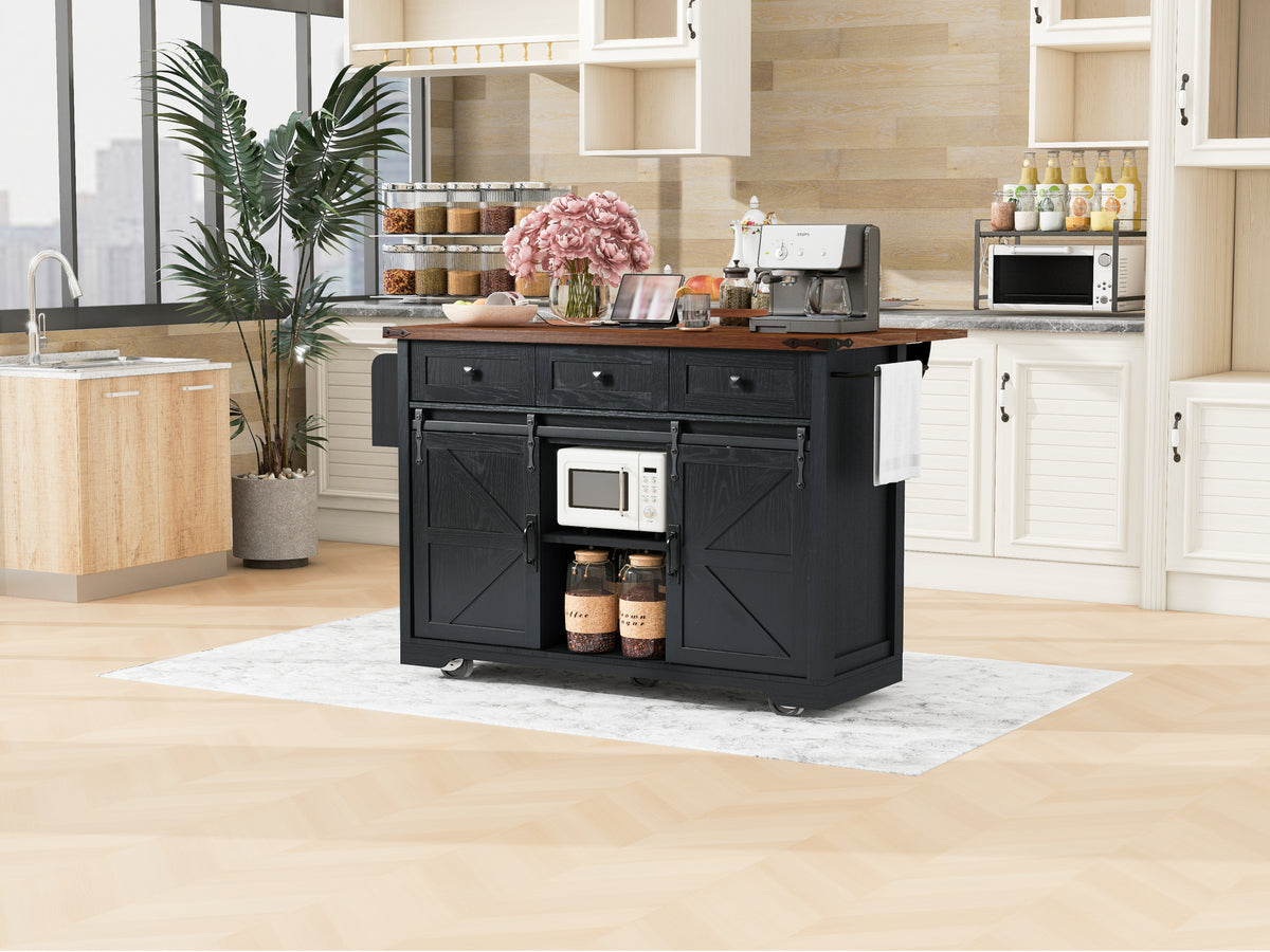 K&K 53.7" Farmhouse Kitchen Island with Power Outlet, 2 Sliding Barn Door Kitchen Storage Island with Drop Leaf, Spice Rack Rolling Kitchen Cart on Wheels, for Home, Kitchen and Dining Room, Black N707P170347B-djyc