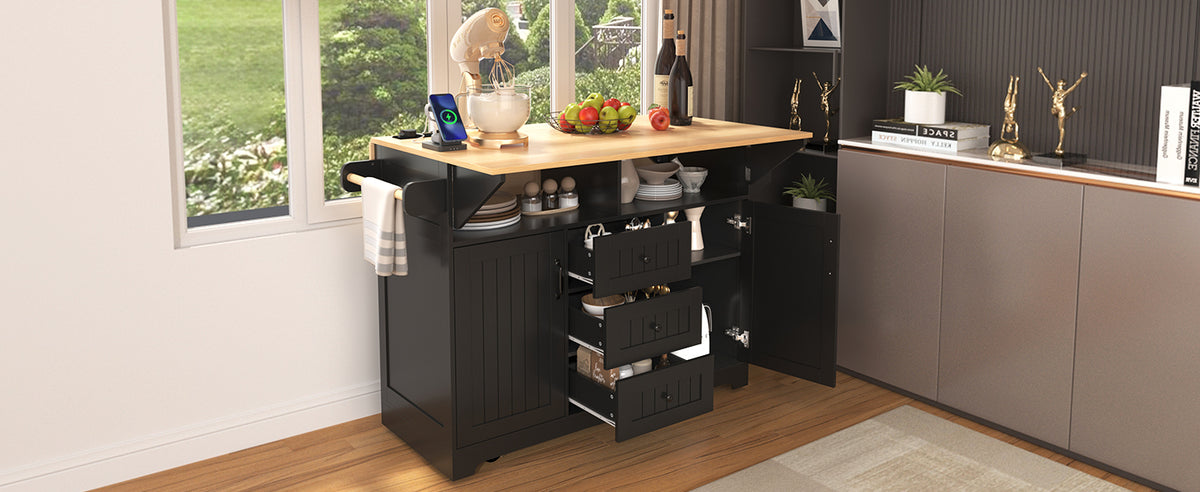 K&K 55.7'' Large Kitchen Island with 2 Drop Leaf,, Rolling Kitchen Cart on 5 Wheels with Power Outlet, Folding Storage Dining Table with Spice & Towel Rack , 3 Drawers, for Kitchen, Dining Room,Black N707P186617B-djyc