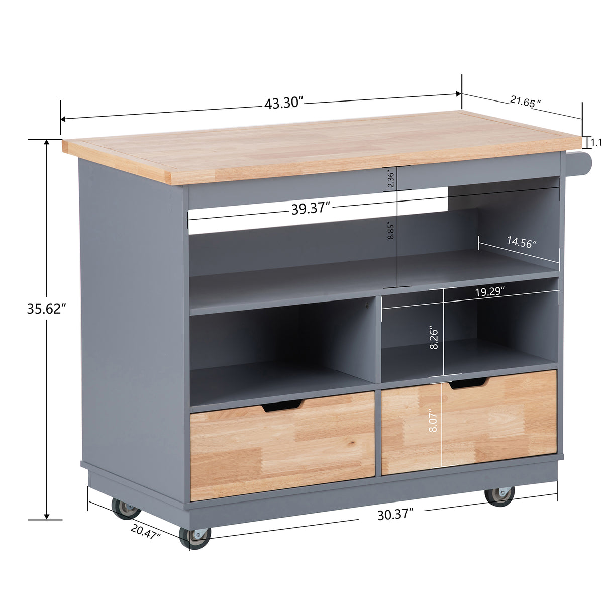 Rolling Kitchen Island with Storage, Two-sided Kitchen island Cart on Wheels with Wood Top, Wine and Spice Rack, Large Kitchen Cart with 2 Drawers, 3 Open Compartments, Grey Blue WF318964AAG-djyc