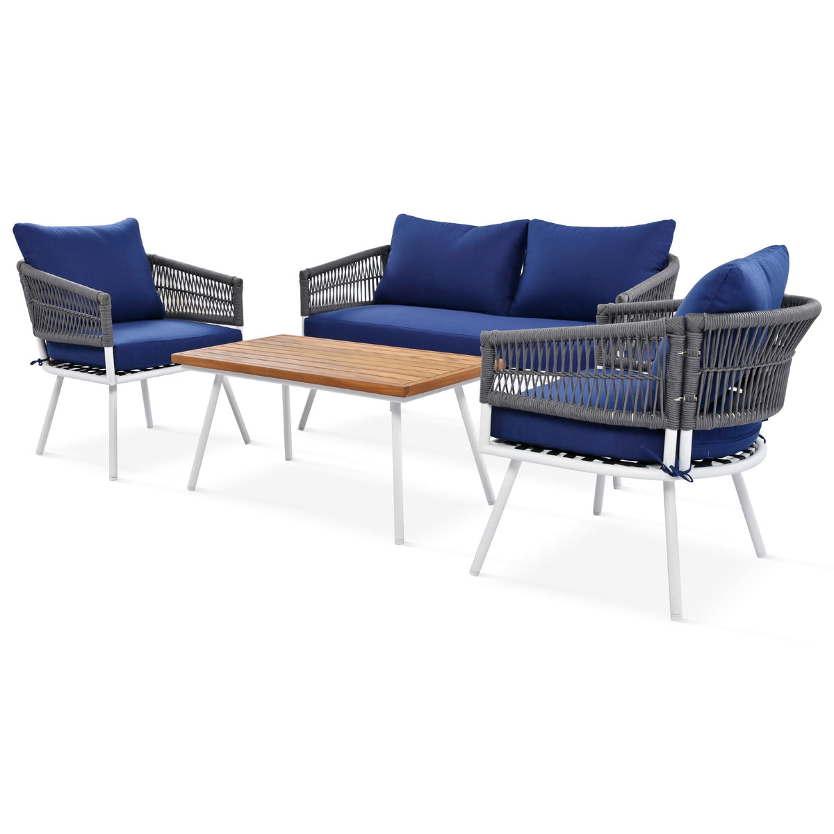 K&K 4-Piece Boho Rope Patio Furniture Set, Outdoor Furniture with Acacia Wood Table, Patio Conversation Set with Deep Seating & Thick Cushion for Backyard Porch Balcony, Navy Blue SK000004AAE-djyc