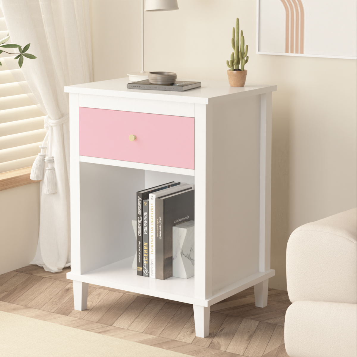 26.77''H Wooden Nightstand with One Drawer One Shelf for Kids, Adults, Pink W80859135-djyc