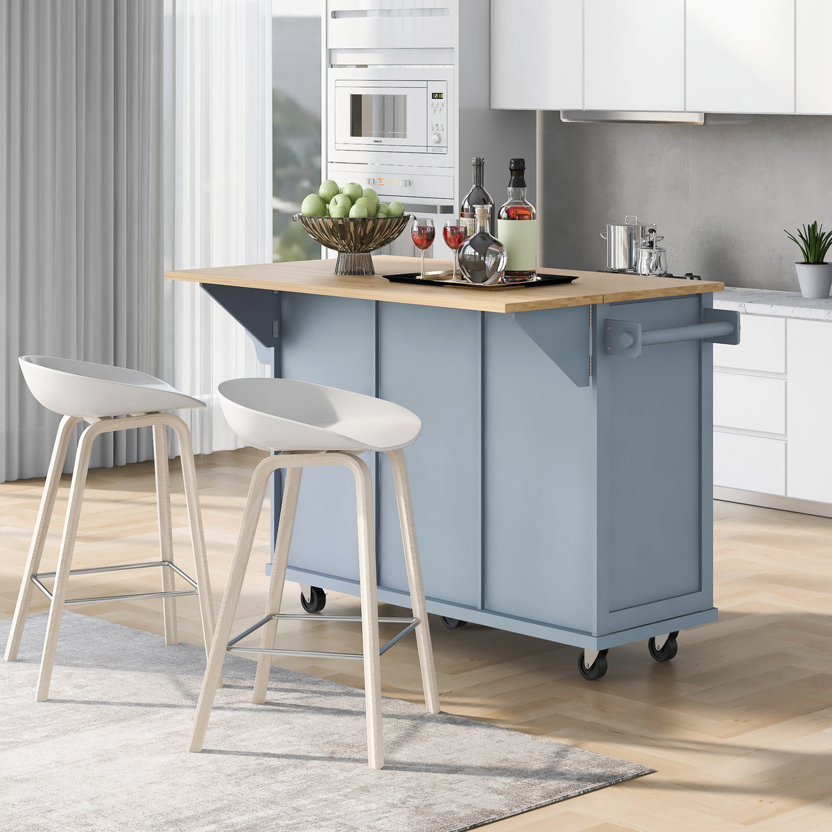 Kitchen Cart with Rubber wood Drop-Leaf Countertop ,Cabinet door internal storage racks,Kitchen Island on 5 Wheels with Storage Cabinet and 3 Drawers for Dinning Room, Grey Blue WF298028AAN-djyc