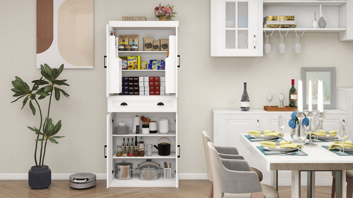 71" Kitchen Pantry Storage Cabinetwith 4 Doors(2Doors with Racks),1 Drawer, 2 Adjustable Shelves, Freestanding Cupboard for Kitchen, Dining Room and Living Room-White W282108550-djyc