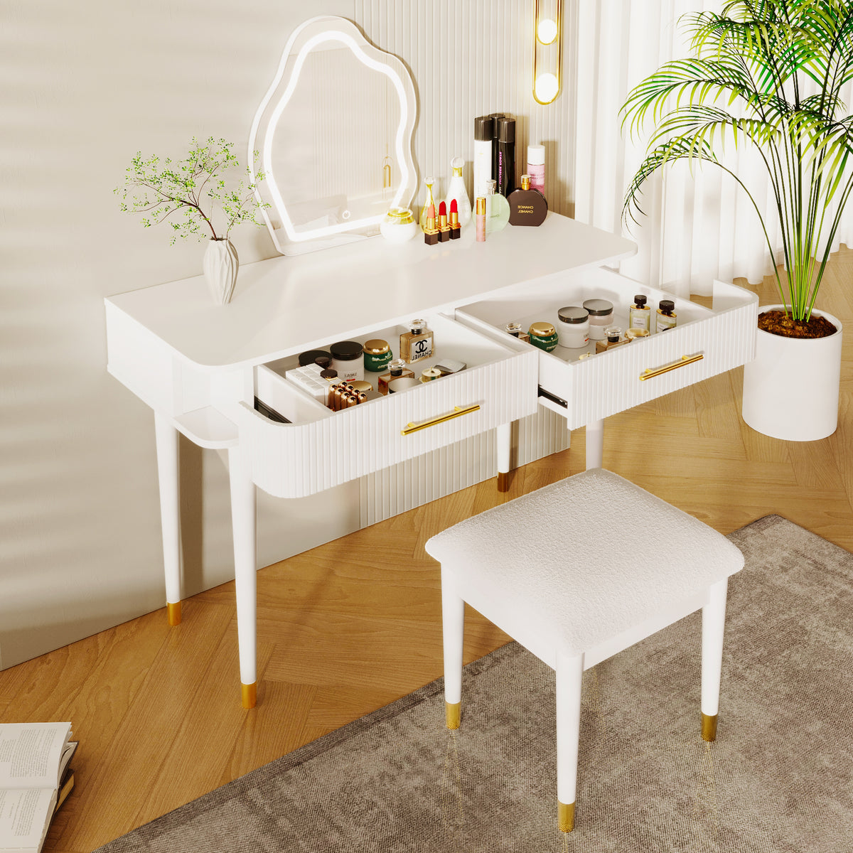 40" Modern Vanity Table Set with Mirror Touch Screen Lighted Mirror, Dressing Table and Cushioned Stool Set with 2 Large Drawers, White N704P196657K-djyc