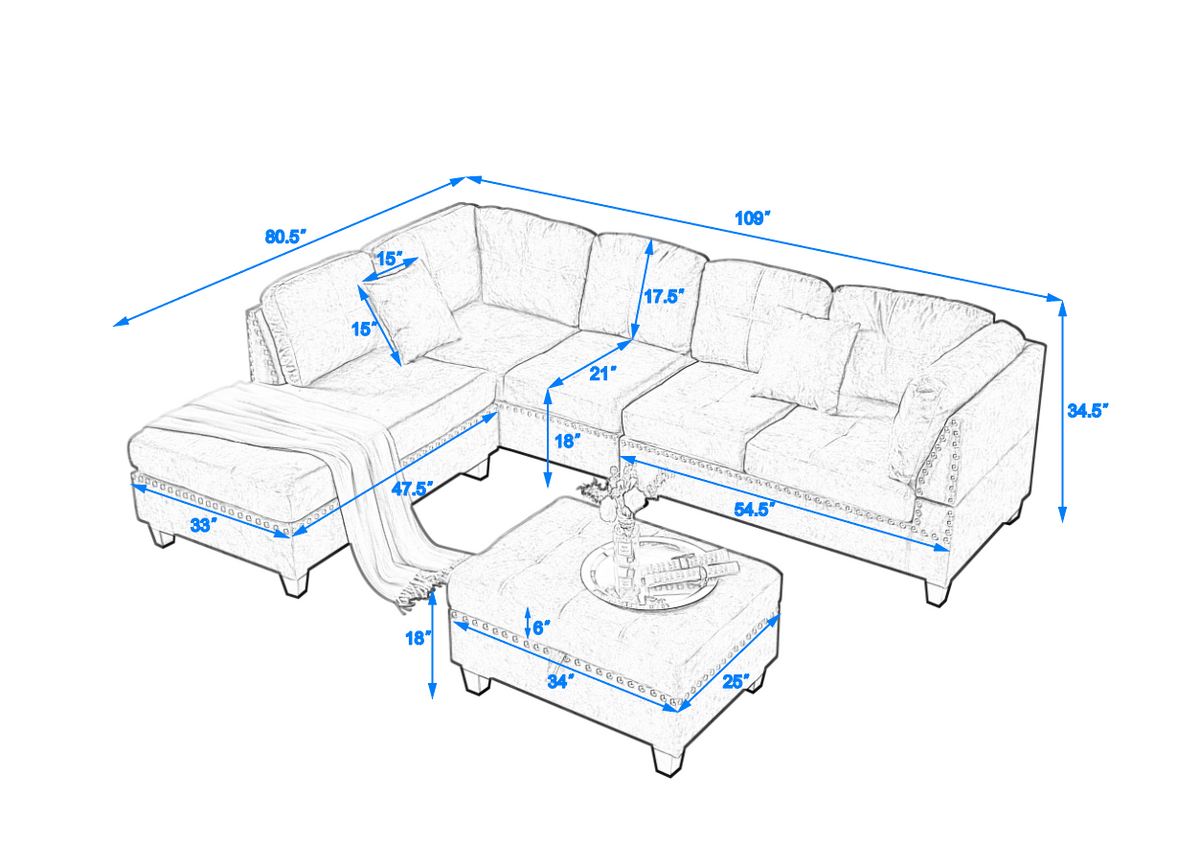 Sectional 3-Seaters Sofa with Reversible Chaise , Storage Ottoman, inlaid with copper nail ,Two Small Pillows,Grey W487S00242-djyc