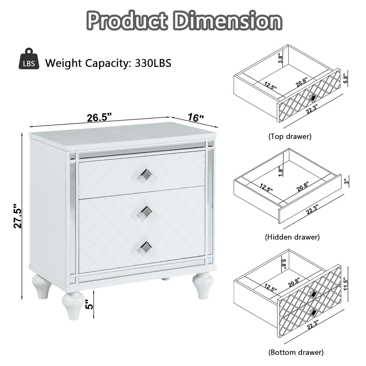 Contemporary Nightstands with mirror frame accents, Bedside Table with two drawers and one hidden drawer, End Table with Crystal Pull for Living Room,Bedroom, White W1998131730-djyc