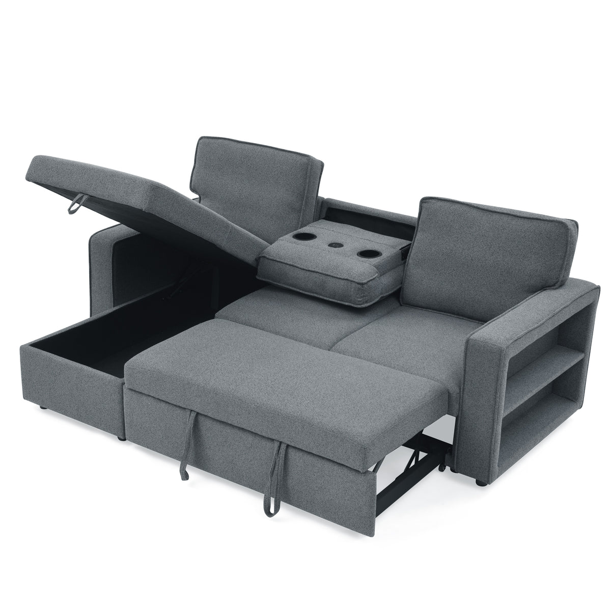 Linen Upholstered Sleeper Sectional Sofa, Shaped Modular Convertible Sofa with Storage Chaise,There are two cup holders in the middle and USB multi-interface function,Pull Out Sleep Couch Bed ,Grey W487S00245-djyc