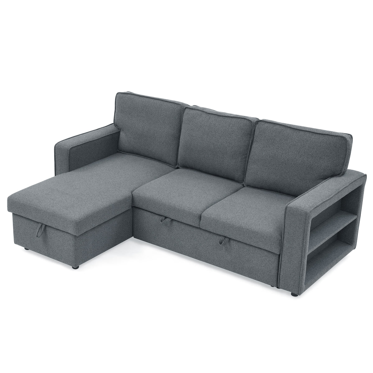 Linen Upholstered Sleeper Sectional Sofa, Shaped Modular Convertible Sofa with Storage Chaise,There are two cup holders in the middle and USB multi-interface function,Pull Out Sleep Couch Bed ,Grey W487S00245-djyc