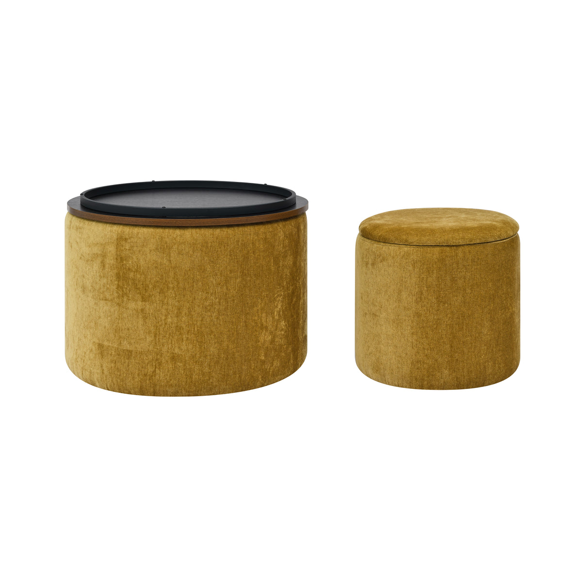 2-Piece Set Round Chenille Storage Ottoman, Equipped with a Drum Shaped Small Stool, Storage Space, and MDF Made Desktop Panel (Dark Yellow 23.62"x23.62"x16.53") W487P179602-djyc