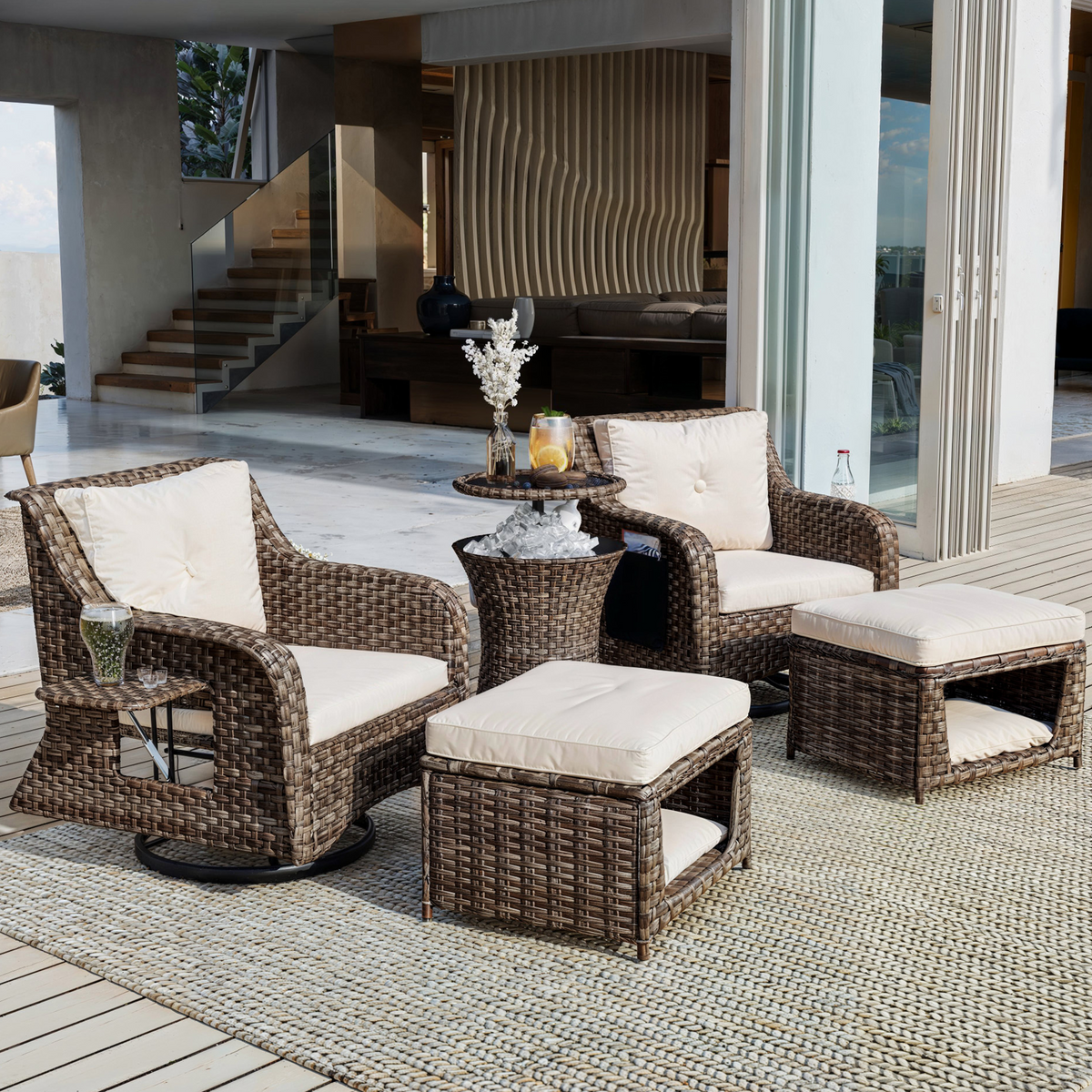 K&K 5 Pieces Outdoor Patio Furniture Set with Pet House Cool Bar and Retractable Side Tray, Rattan Wicker Patio Swivel Rocking Chairs Set of 2 with Ottomans for Backyard, Porch, Balcony, Beige SK000006AAA-djyc