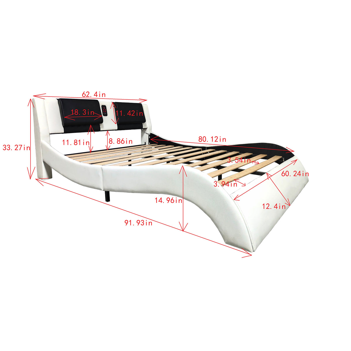 Faux Leather Upholstered Platform Bed Frame with led lighting, Bluetooth connection to play music control, Backrest vibration massage, Curve Design, Wood Slat Support, One-Carton Package, Queen W1360119721-djyc