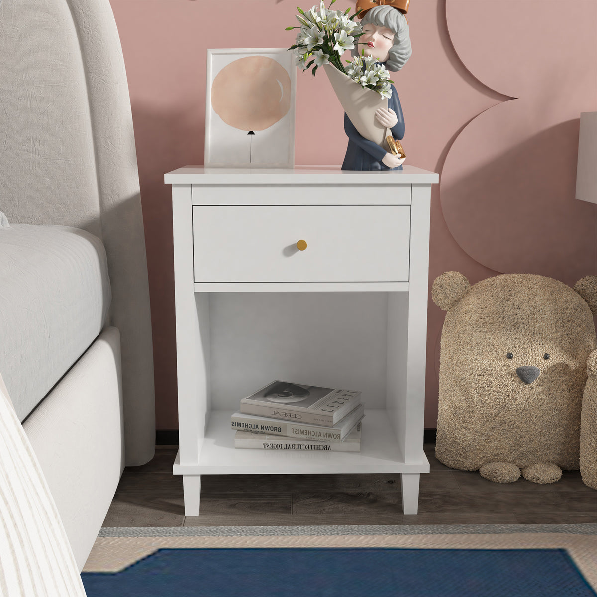 26.77''H Wooden Nightstand with One Drawer One Shelf for Kids, Adults, White W80859138-djyc