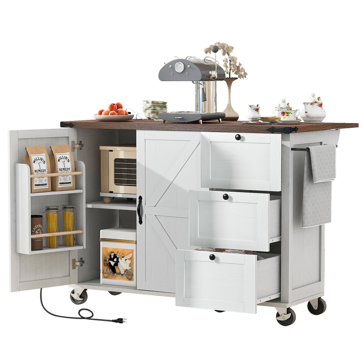 K&K 54.5" Farmhouse Kitchen Island with Power Outlet, Kitchen Storage Islandwith Internal Storage Rack, Drop Leaf, Spice Rack, Rolling Kitchen Cart on Wheels, for Home, Kitchen and Dining Room,White N707P170349W-djyc