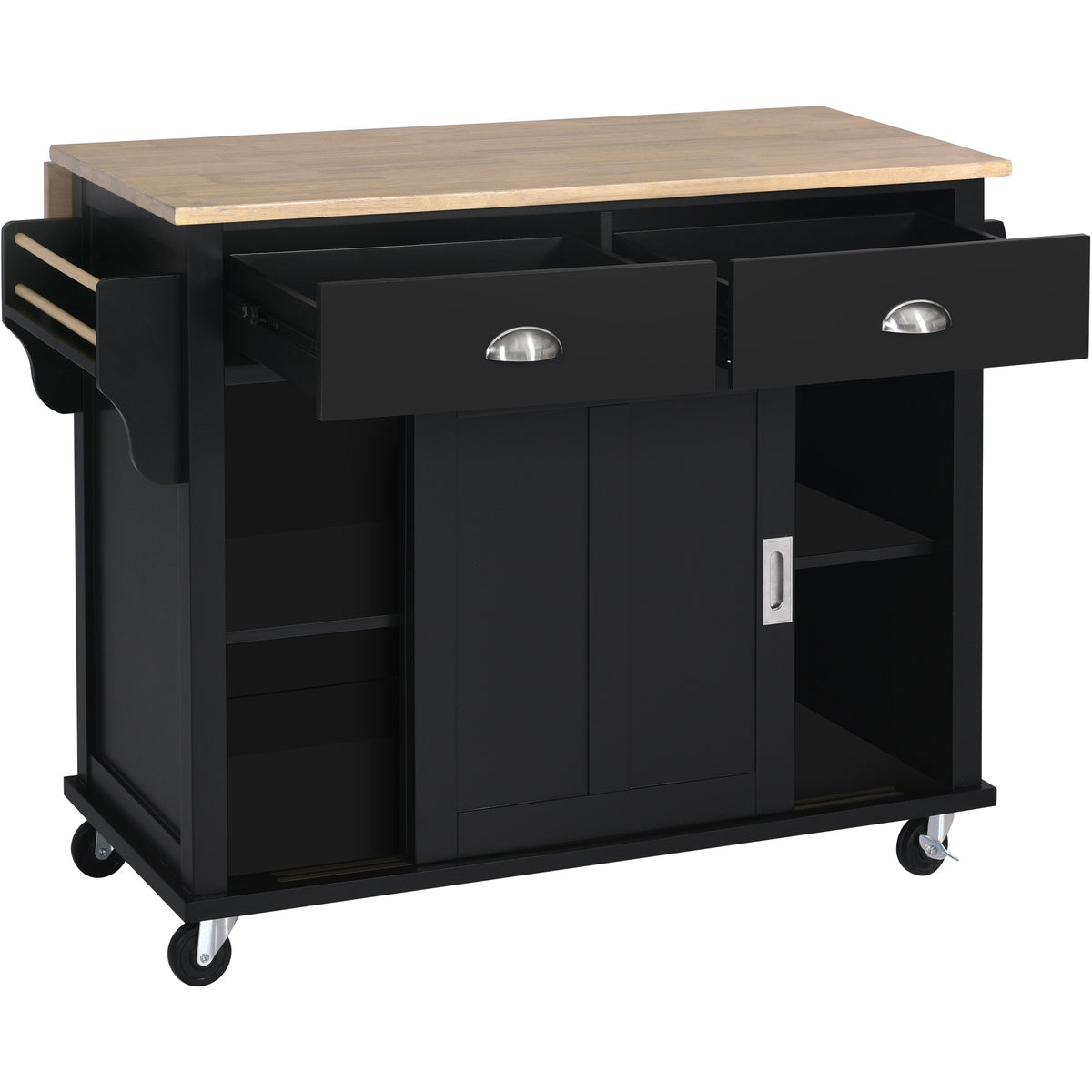 Kitchen Cart with Rubber wood Drop-Leaf Countertop, Concealed sliding barn door adjustable height,Kitchen Island on 4 Wheels with Storage Cabinet and 2 Drawers,L52.2xW30.5xH36.6 inch, Black SK000001AAB-djyc