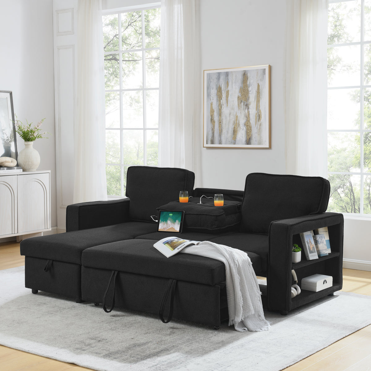 Linen Upholstered Sleeper Sectional Sofa, Shaped Modular Convertible Sofa with Storage Chaise,There are two cup holders in the middle and USB multi-interface function,Pull Out Sleep Couch Bed ,Black W487S00246-djyc