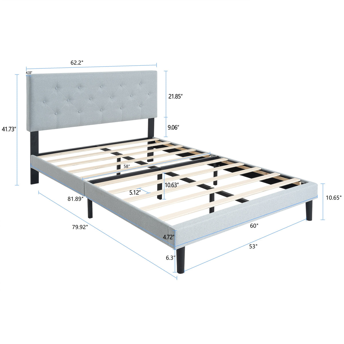 Queen Size Upholstered Platform Bed Frame with Modern Button Tufted Linen Fabric Headboard, No Box Spring Needed, Wood Slat Support, Easy Assembly, Grey W311P197752-djyc