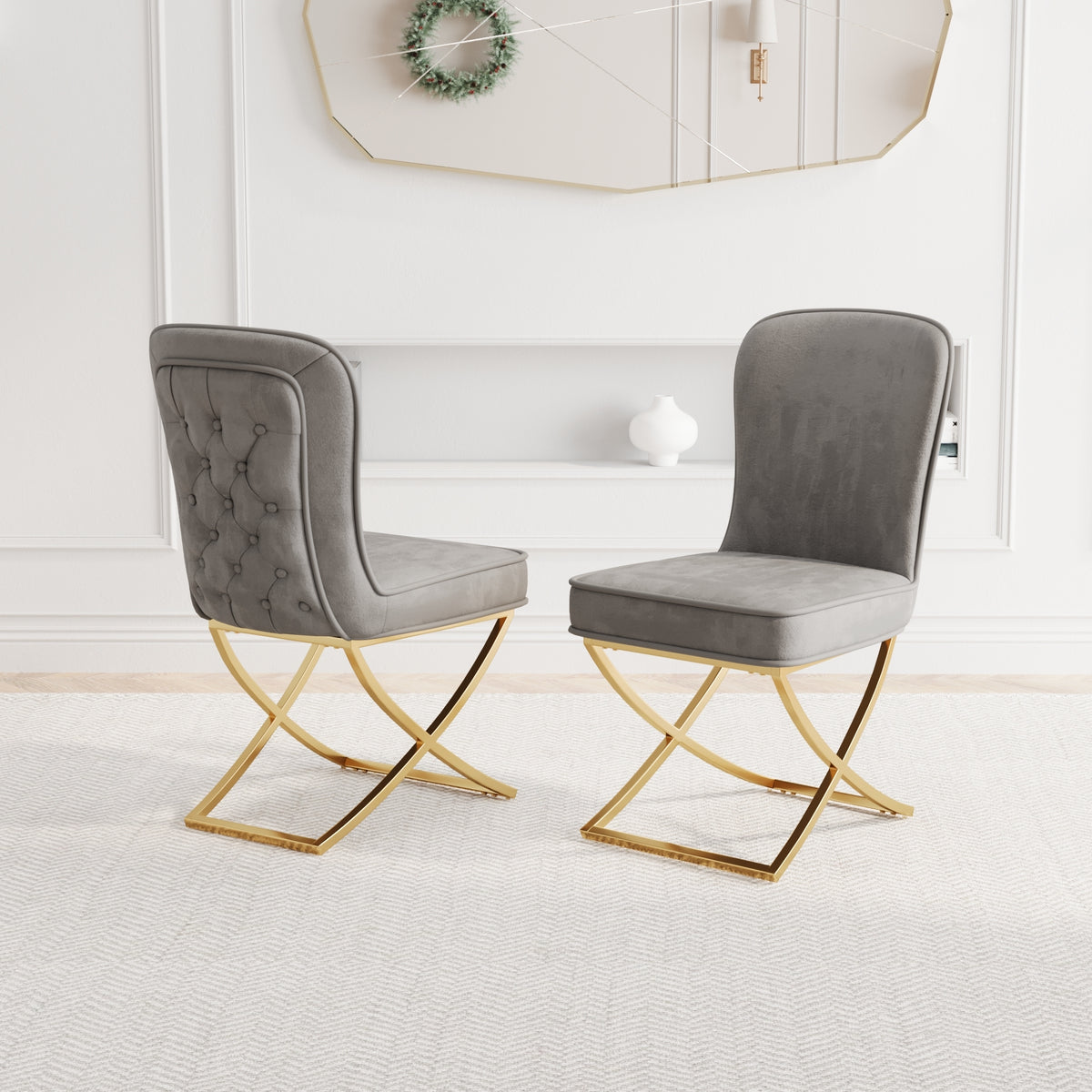 Dining Chair Set of 2, grey velvet Backrest and golden Metal legs.For Modern Kitchen Dining Room Chair for Kitchen Living Modern decorative Leisure chairs Office chairs W1727P195279-djyc