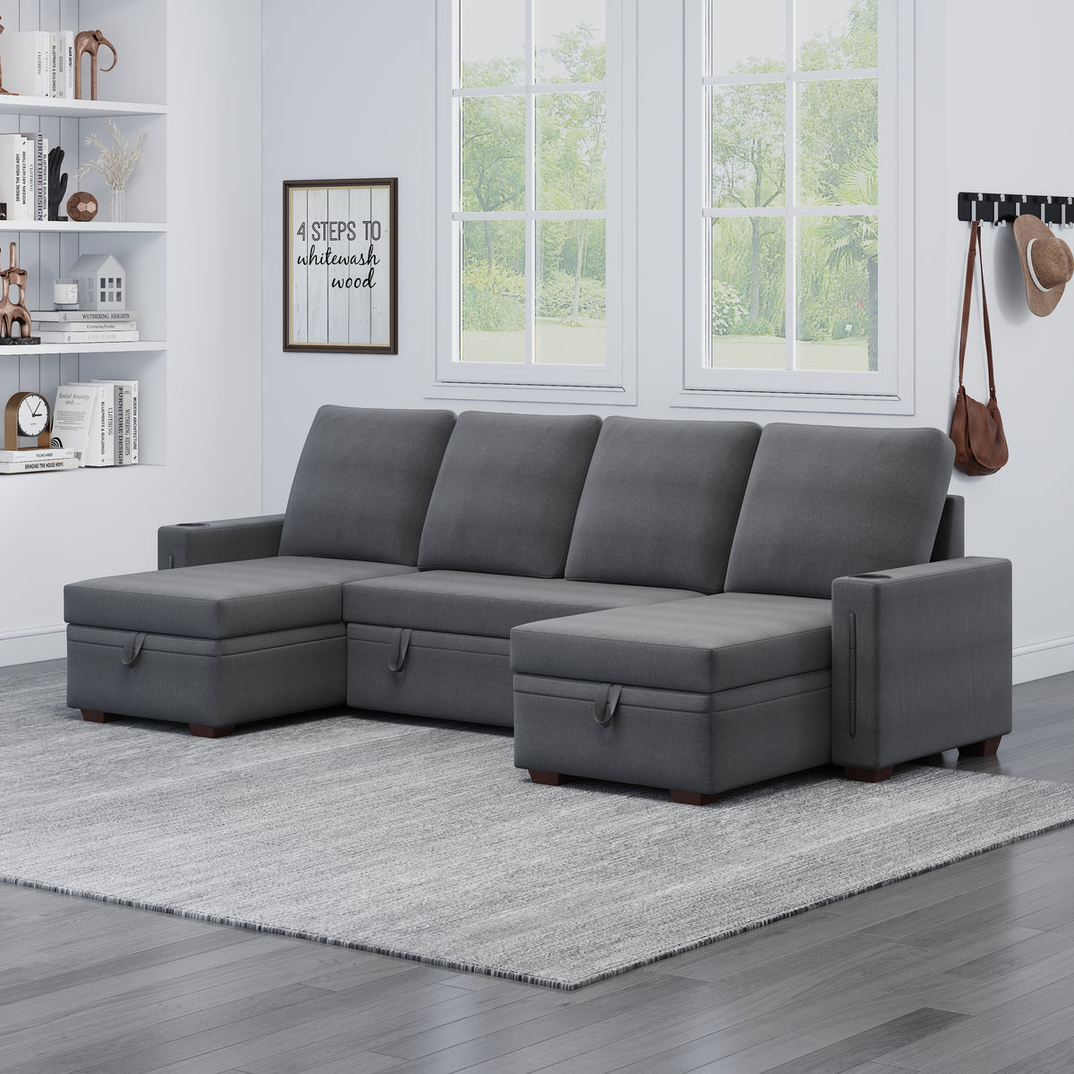 Sectional Sofa with Storage, 96" U Shaped Sectional Couches for Living Room, Comfy Convertible Sectional Sofa- Dark Grey W1669S00008-djyc