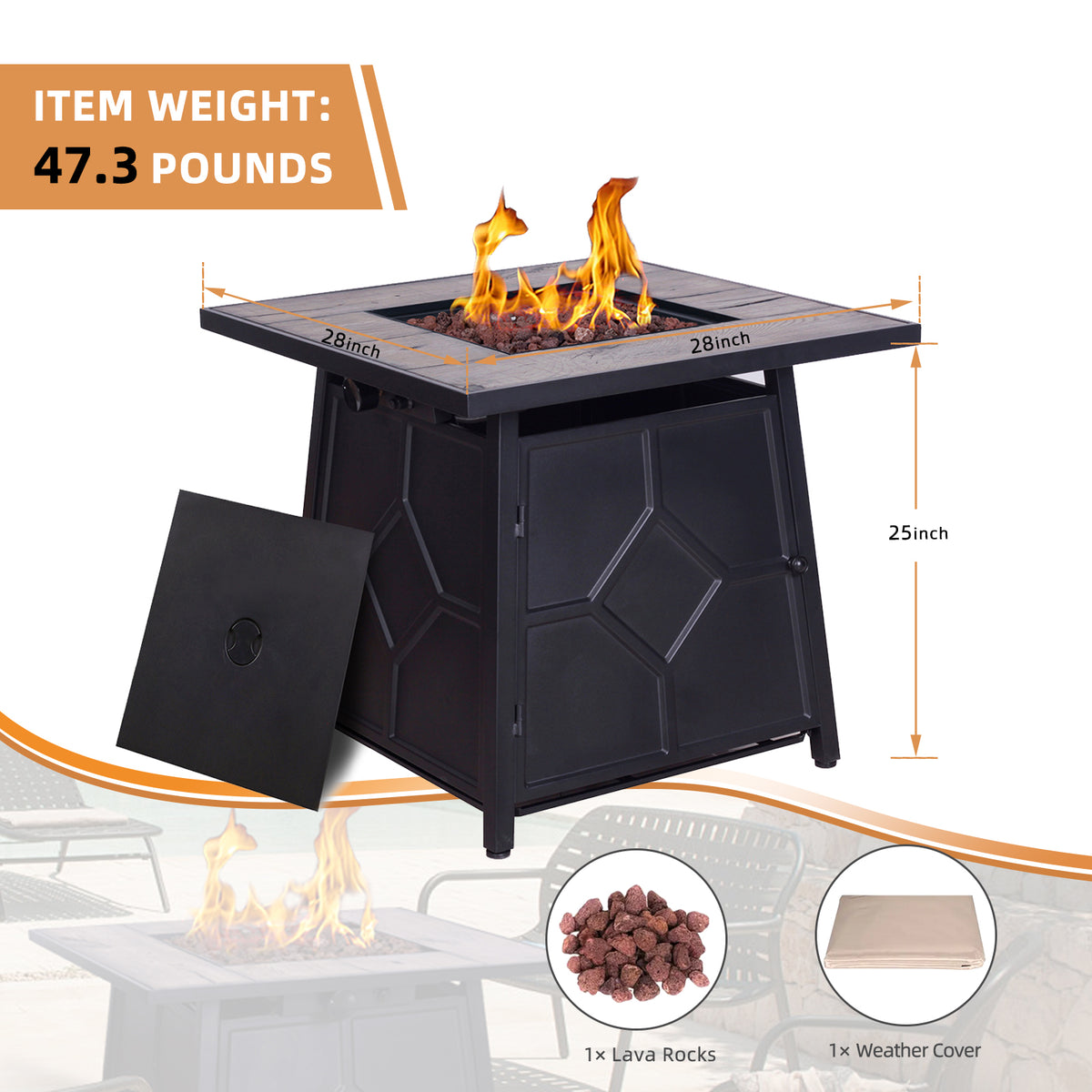 40,000 BTU Steel Propane Gas Fire Pit Table With Steel lid, Weather Cover W2029120084-djyc